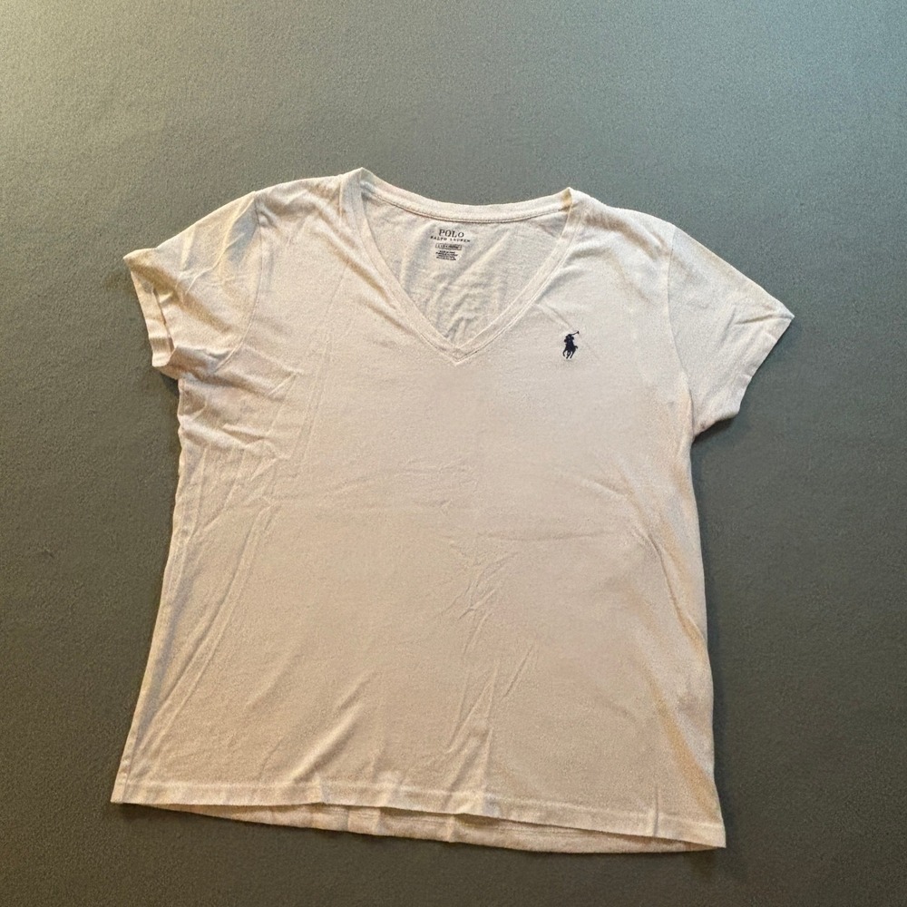 Polo Ralph Lauren V-Neck T-Shirt Womens L White Short Sleeve Cotton Pony Preppy